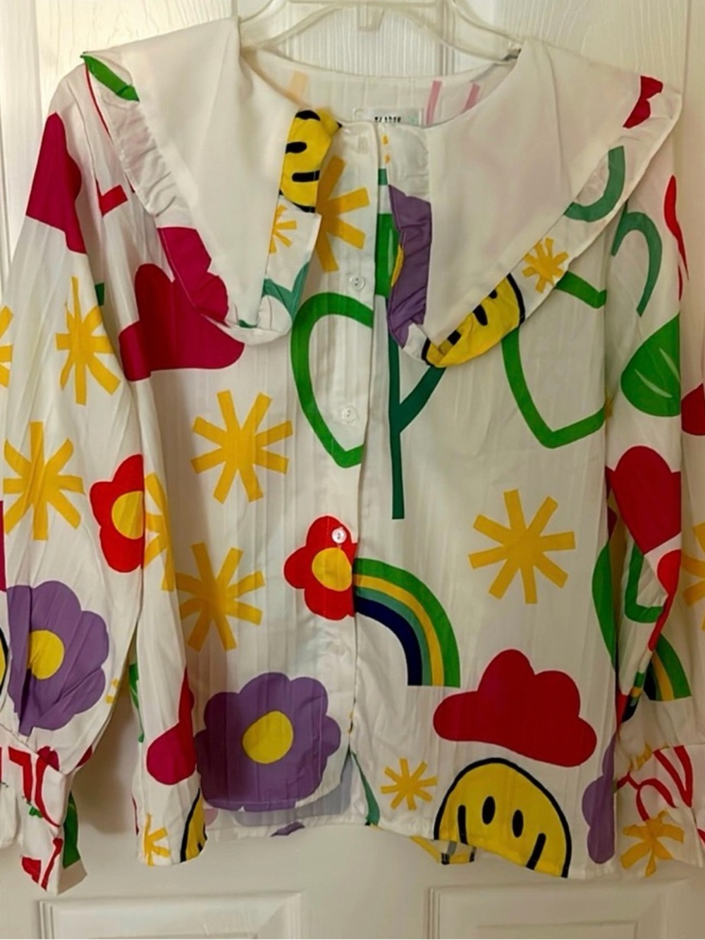 My Shop Smiley Face Rainbow “Slay” Button-Down Ruffle Blouse